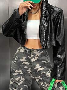 SHEIN EZwear Crocodile Embossed Crop PU Leather Blazer - Black - View 5