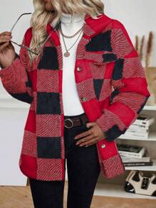 SHEIN LUNE Buffalo Plaid Pattern Drop Shoulder Flap Detail Teddy Coat - Multicolor - View 1