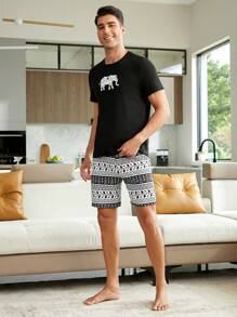 1pc Elephant Print Sleep Tee & 1pc Sleep Pants - Black - View 4