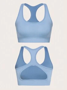 SHEIN Daily&Casual 素色運動型胸罩&短夾克&緊身打底褲 - 霧霾藍 - 查看 3