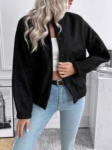 休閒鈕扣 前紐扣純色女士夾克 - 黑色 - 查看 4