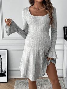 SHEIN 女士圓領喇叭袖連身裙 - 灰色 - 查看 4