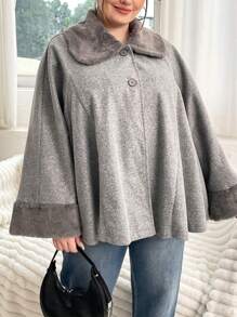 Flirla Plus Borg Collar Cloak Sleeve Overcoat - Light Grey - View 3