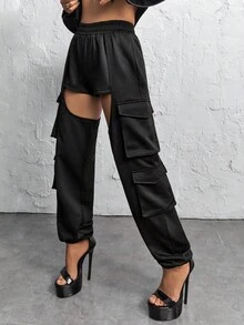 SHEIN ICON Cắt ra Túi nắp bên cạnh Quần thể thao bảo Cargo - màu đen - Xem 5