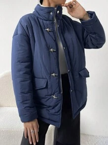 SHEIN Essnce 翻盖口袋落肩连帽夹棉大衣 - 藏蓝色 - 查看 3