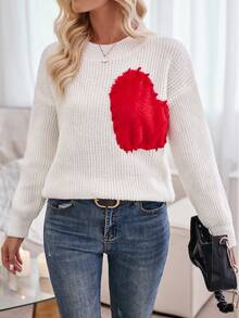 SHEIN Clasi 愛心圖案落肩袖套頭毛衣 - 紅白色 - 查看 4