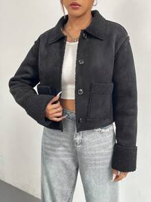 SHEIN Essnce Dual Pocket Drop Shoulder Teddy Lined Jacket - Black - View 5