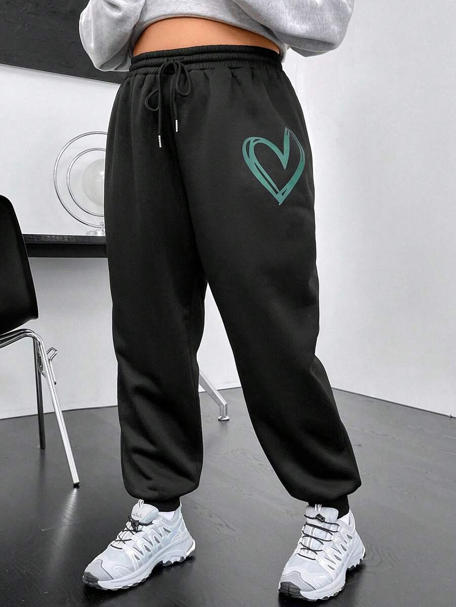 SHEIN MOOSTA Hơn In Trái tim Eo dây rút Quần thể thao - màu đen - Xem 1