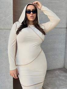 SHEIN Essnce Talla grande Vestido ajustado unicolor con puntada con capucha - Albaricoque - Ver 6