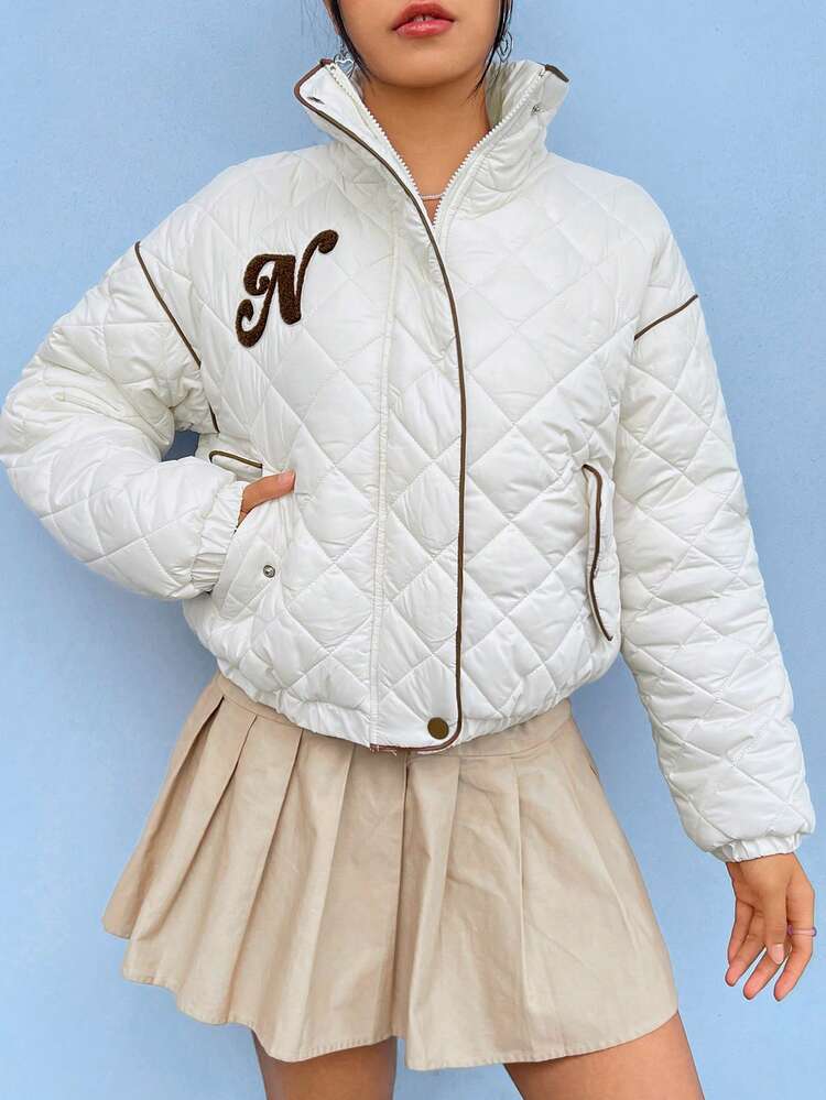 Letter Patched Contrast Piping Drop Shoulder Quilted Coat
