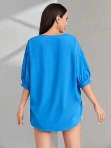 SHEIN LUNE Áo sơ mi nữ cài nút trước vai thả - Màu xanh lam - Xem 2