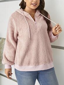 SHEIN LUNE Áo nỉ kiểu Teddy cỡ lớn, khóa kéo nửa thân, vai rớt, dây rút. - Bụi hồng - Xem 3