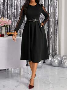 SHEIN Lady Contrast Mesh Hidden Pocket Dress Without Belt Dress For Churches - Black - View 3
