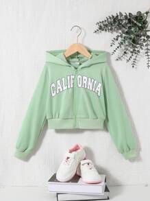 Cô gái Tween Đồ họa Chữ cái Dây kéo áo có mũ Áo len crop - Màu xanh Bạc hà - Xem 1