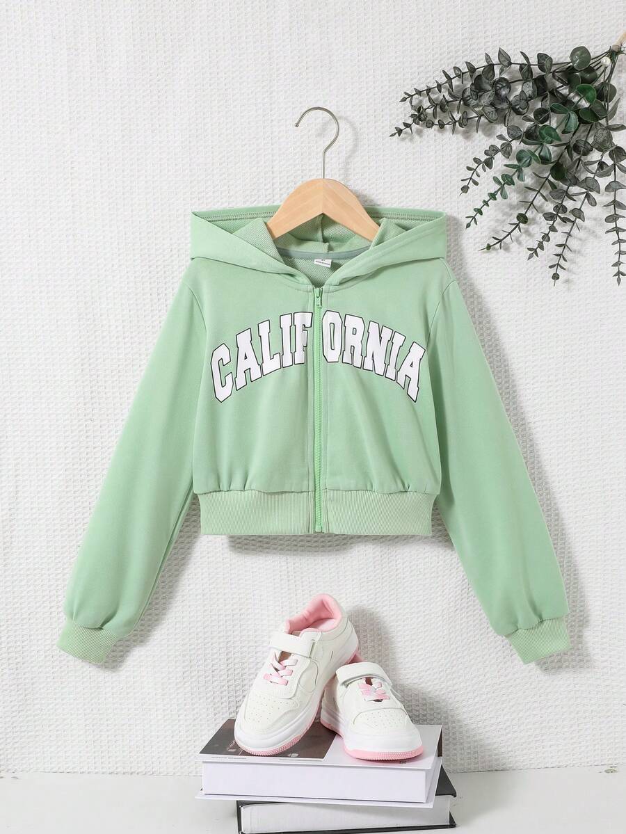 Cô gái Tween Đồ họa Chữ cái Dây kéo áo có mũ Áo len crop - Màu xanh Bạc hà - Xem 1