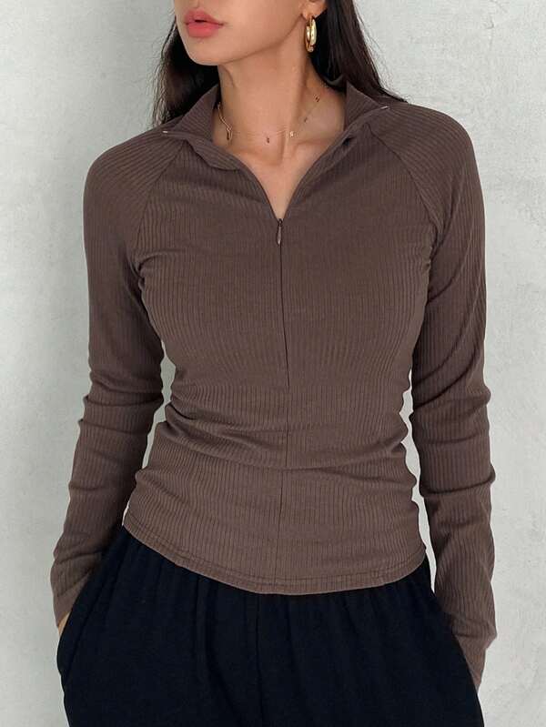 Dazy Star Ribbed Knit Raglan Sleeve Half Zip Tee