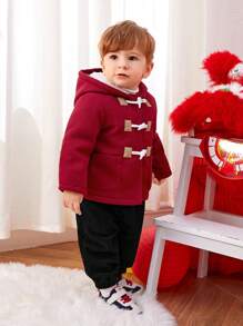 SHEIN Baby Boys' Hooded Mid-Length Woolen Coat With Thermal Lined