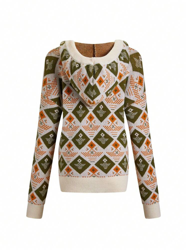 Geo Pattern Drop Shoulder Drawstring Hooded Knit Pullover Fall Winter Sweater