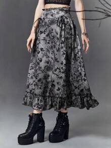 ROMWE Goth Floral Print Tie Side Ruffle Hem Skirt - Multicolor - View 4