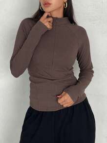 Dazy Star Ribbed Knit Raglan Sleeve Half Zip Tee Long Sleeve Women Tops - Coffee Brown - View 3