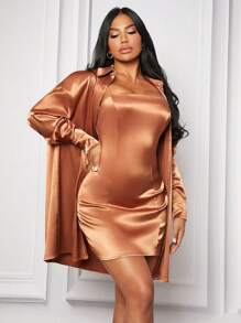 SHEIN SXY Của phụ nữ Màu thuần Váy Dây Và Áo sơ mi - màu nâu - Xem 7