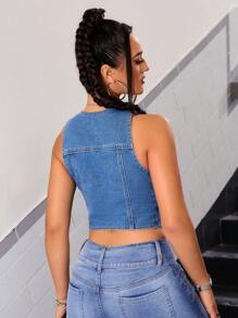 SHEIN ICON Top en mezclilla tank crop con bolsillo con solapa con botón delantero - Azul lavado medio - Ver 2