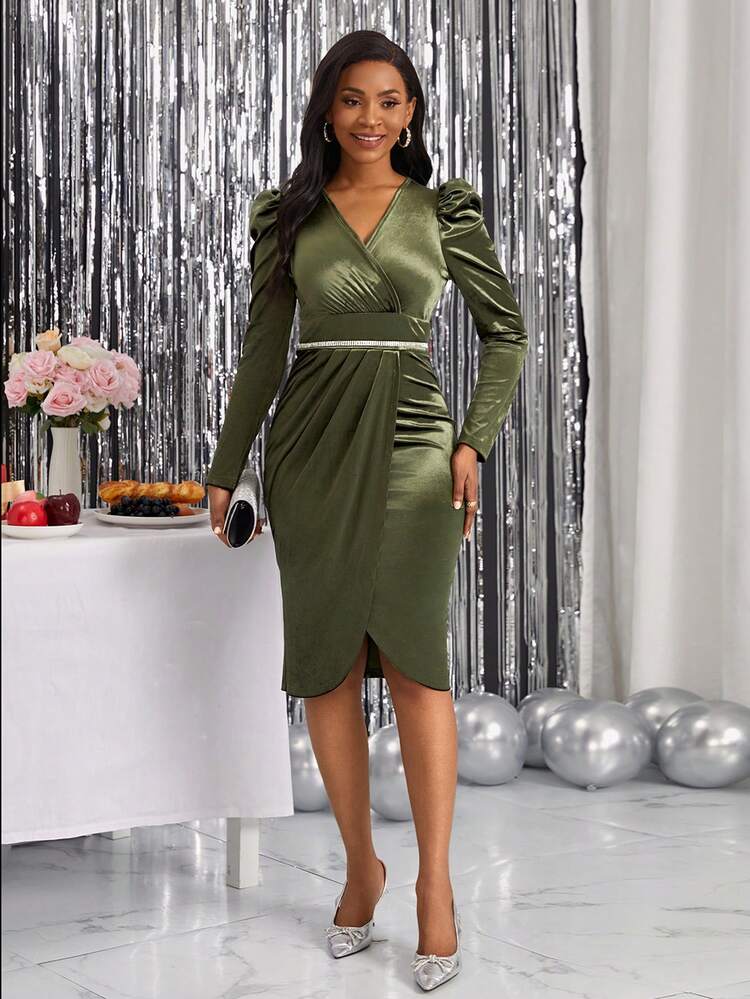 Gigot Sleeve Wrap Hem Dress