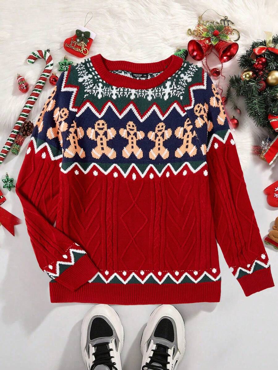 Flirla Áo len tay raglan họa tiết hình học chủ đề Giáng sinh, kiểu dáng chui đầu, thích hợp cho mùa thu đông. - Nhiều màu - Xem 1
