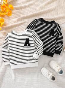 SHEIN Young Boy 2pcs Striped Letter Patched Sweatshirt - Black and White - View 1