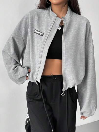 SHEIN EZwear 文字パッチ ドロップショルダー ジッパーアップ スウェ SHEIN EZwear 文字パッチ ドロップショルダー ジッパーアップ スウェ