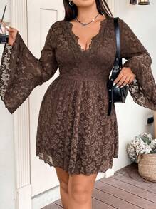 Flirla Plus Plunging Neck Bell Sleeve Lace Dress - Khaki - View 6