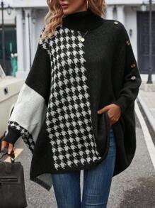 SHEIN LUNE Đồ họa Houndstooth Áo cao cổ tay cánh Chi tiết Nút Áo len Poncho - Nhiều màu - Xem 6