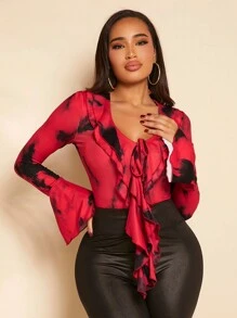SHEIN SXY Tie Dye Ruffle Trim Flare Sleeve Bodysuit - Multicolor - View 5