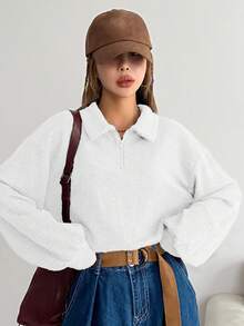 DAZY 半拉鏈落肩袖運動衫 - 白色 - 查看 4