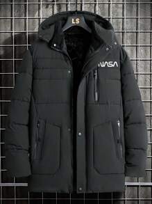 Manfinity Homme 男士字母图案连帽棉服大衣 - 深灰色 - 查看 1