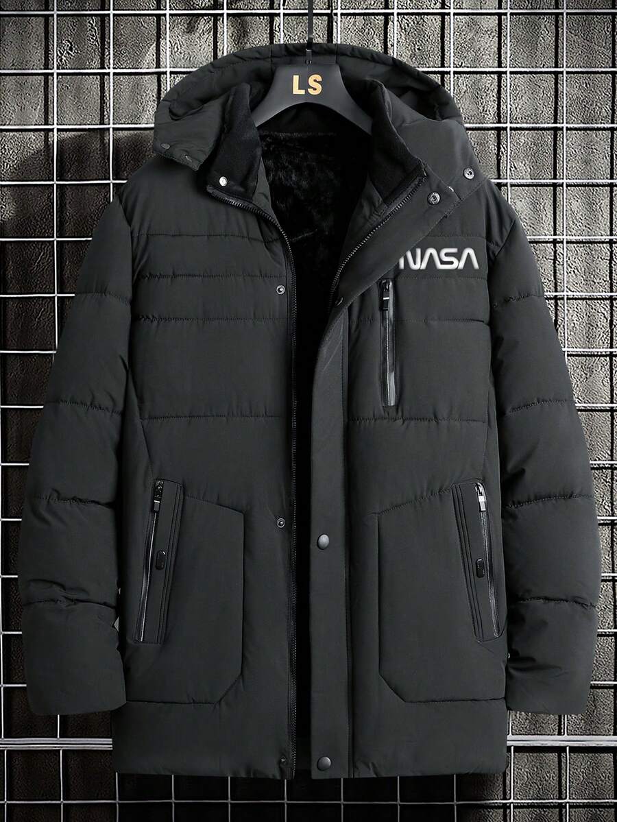 Manfinity Homme 男士字母图案连帽棉服大衣 - 深灰色 - 查看 1