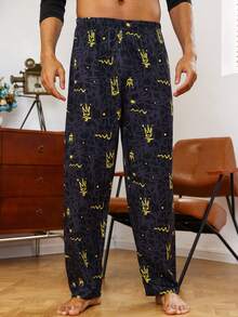 Men Crown & Letter Graphic Sleep Pants - Black - View 5