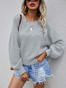 SHEIN LUNE Chất rắn Đồ đan Ribbed Thả vai Áo len - Màu Xám nhạt - Xem 5