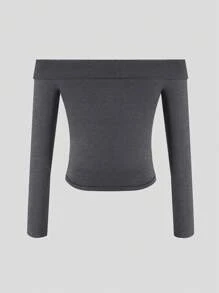 SHEIN EZwear Gấp lại Off Shoulder Áo phông Crop - Xám - Xem 2