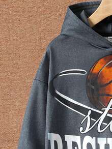 SHEIN Tween Boy Basketball & Slogan Graphic Drop Shoulder Sweatshirt - Black - View 3