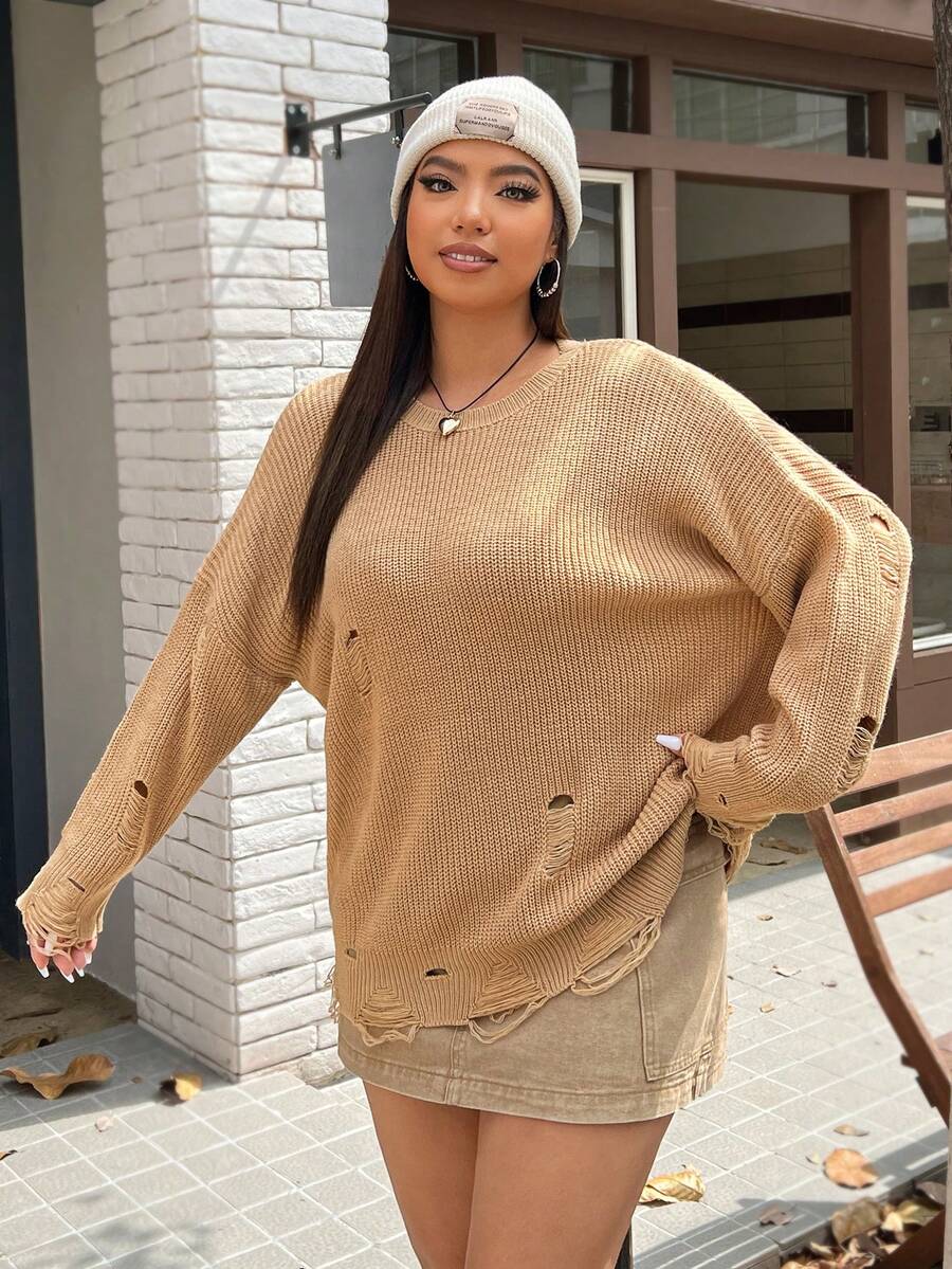 SHEIN EZwear Talla grande Suéter roto de hombros caídos desgarro - Caqui - Ver 1