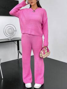 Flirla Plus Drop Shoulder Sweater & Knit Pants - Hot Pink - View 4