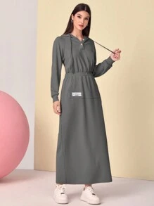 Mulvari Letter Patched Detail Drawstring Hooded 2 In 1 Dress - Grey - View 3