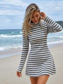 EURMUSE Mẫu sọc Cổ giả Đầm Áo len - Nhiều màu - Xem 5