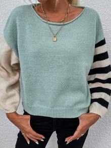 SHEIN LUNE 條紋圖案撞色落肩袖套頭毛衣 - 藍色 - 查看 5