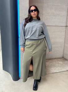 SHEIN Essnce Plus Drawstring Waist Split High Hem Cargo Skirt - Green - View 4