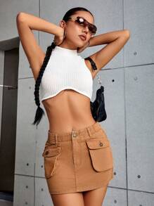 SHEIN ICON Flap Pocket Denim Skirt - Khaki - View 3