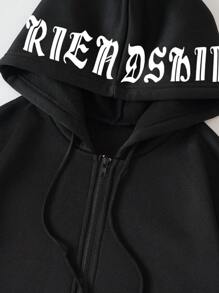 SHEIN Essnce Slogan Graphic Zip Up Drawstring Thermal Lined Hoodie - Black - View 7
