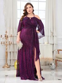 Plus Cold Shoulder Ruffle Trim Draped Side Glitter Formal Dress - Purple - View 6