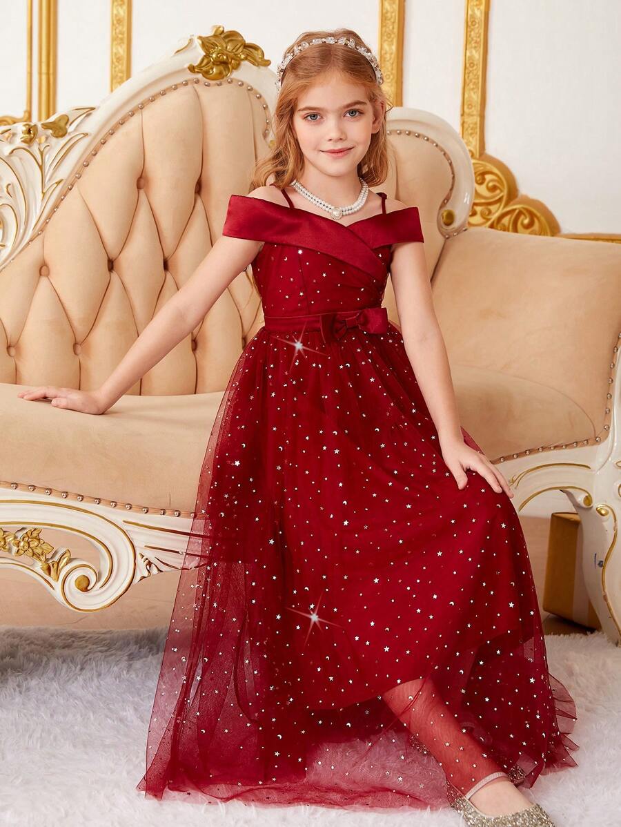 Tween Girl Foldover Cold Shoulder Bow Front Glitter Mesh Gown Dress - Burgundy - View 1